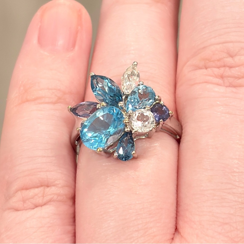 Vintage 10K Blue Topaz Cluster Ring White Gold Abstract Oval Marquis Iolite 6.25 - Picture 3 of 16